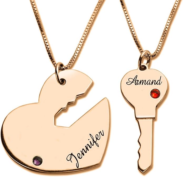 Personalized Key to My Heart Necklace with Birthstone for Couples, Sterling Silver Custom His and Her Puzzle Necklace Engraved Names for Women Men, 2 Pcs a Set