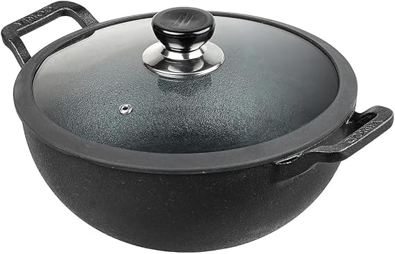 Vinod Non Stick Induction Hob Wok with Lid - Deep Stir Cast Iron Kadai Pan with Lid - 24cm, 3.3 Litre