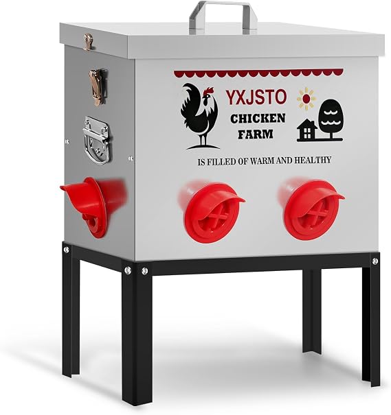 40LB Automatic Chicken Feeder with 6 Ports, Heavy Duty Metal No-Waste Poultry Feeder, Rustproof & Weatherproof Design with Adjustable Legs & Locking Lid