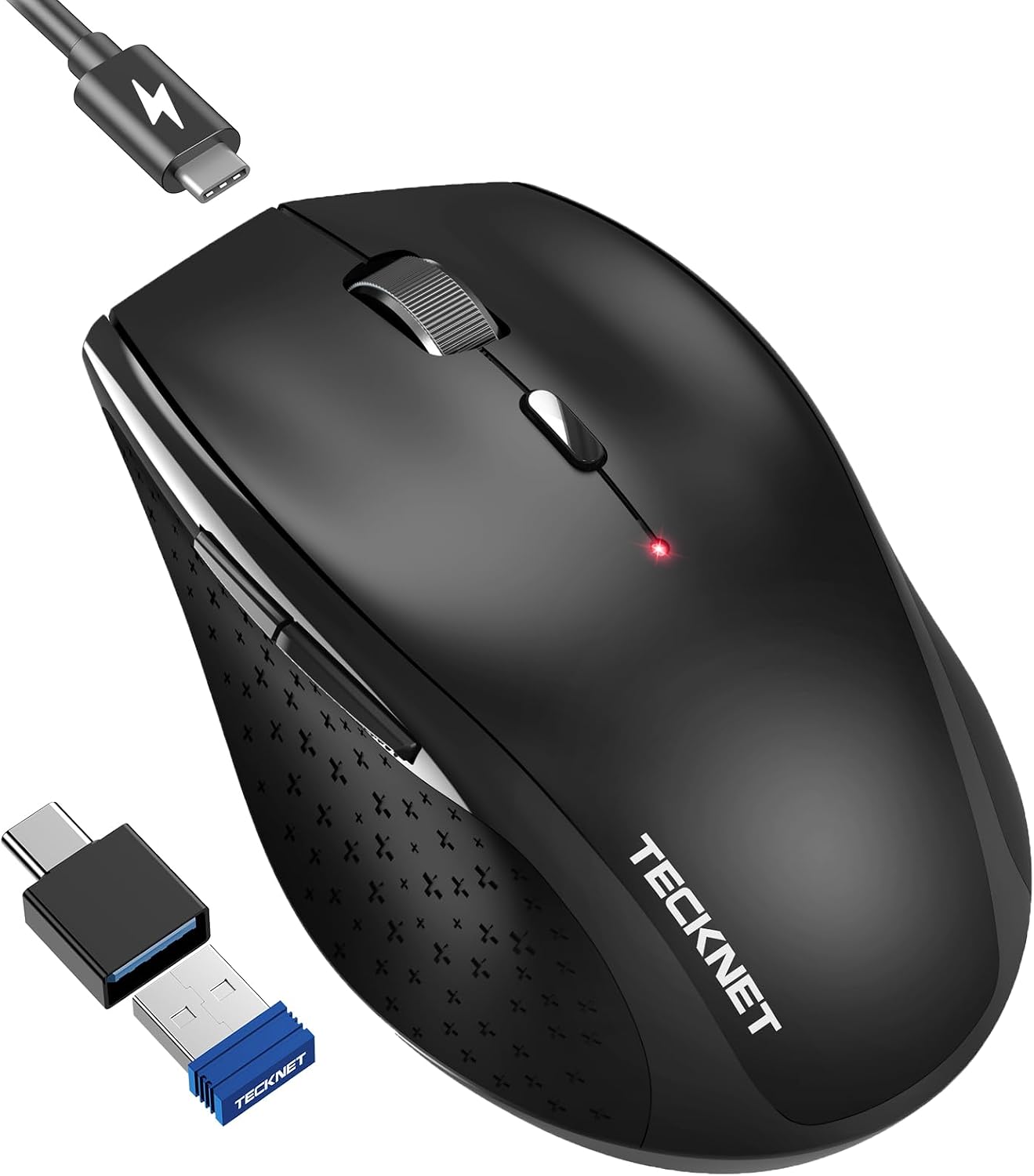 TECKNET PRO Wireless Mouse Jiggler - Rechargeable 2.4G Ergonomic Silent Mouse with USB to USB C Adapter, 6400 DPI Adjustable, Type-C Charging & Auto-Sleep, Compatible with WindowsMacChrome OS, Black