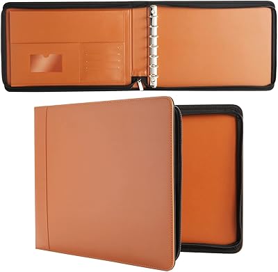 7-Ring Business Check Binder with Zipper for Checkbooks Organization, Brown Zippered Portfolio Organizer, Professional PU Leather Folder Holder for Documents, Cards 15 x 11 x 0.01 inches
