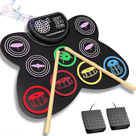 Electronic Drum Kit, 9 Drum Pad Portable Roll-Up Silicone Drum Kit with Built-In Stereo Speakers, Foot Pedals & Headphone Jack – Ideal for Kids, Beginners & Music Lovers