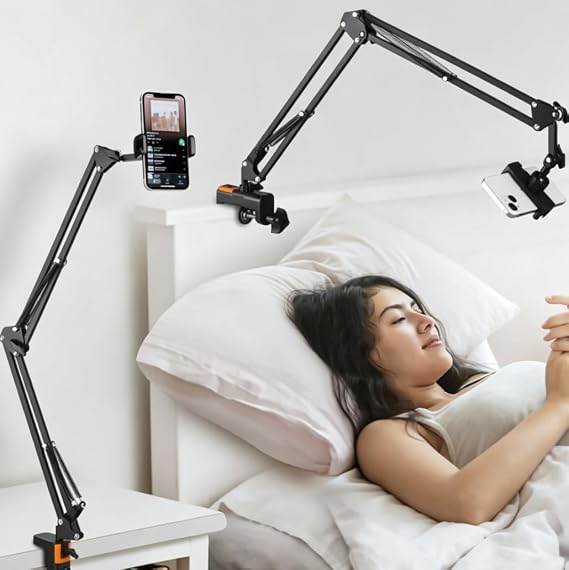 Phone Holder for Bed Desk, Overhead Phone Mount with Wireless Remote, Flexible Phone Stand Lazy Bracket Mount Long Arms Clamp for iPhone, Samsung, Google Pixel, Moto
