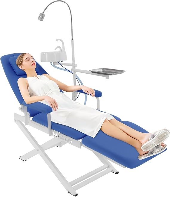 Foldable Mobile Dental Chair, Folding Freestanding Patient Chairs with LED Lamp and Tray, 360 Rotating Portable Dental Bed for Clinics Hospitals Beauty Parlours (Blue)