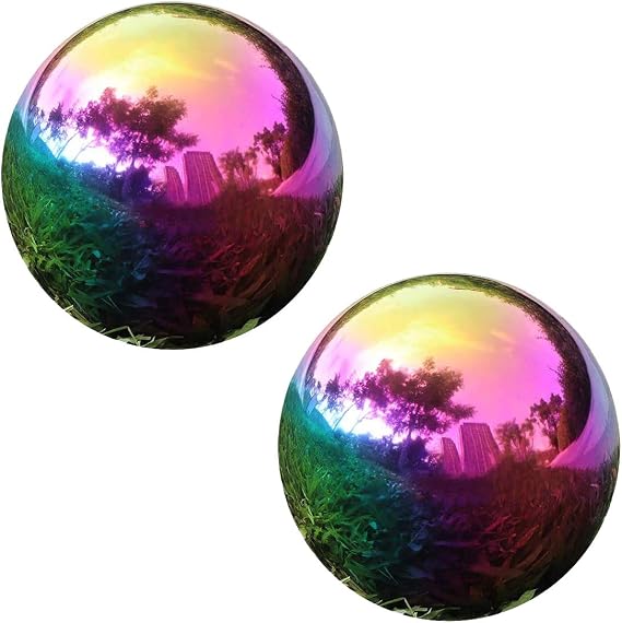Kesywale Rainbow Gazing Globe Mirror Ball, Home Shiny Stainless Steel Gazing Balls for Gardens Yard Ponds, Pack of 2 (3.2 Inch)