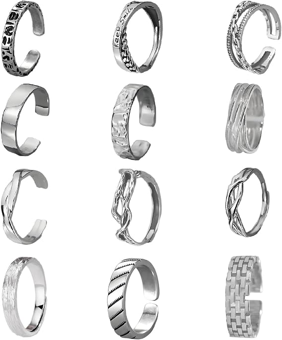 12Pcs Mens Rings Silver Set, Adjustable Rings for Men Silver Rings Men