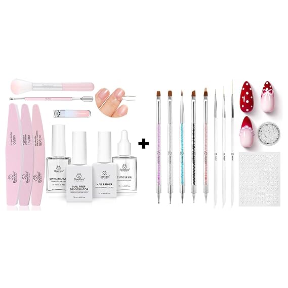 Beetles Nail Prep Kit Nail Dehydrator and Primer Cuticle Oil Cuticle & Nail Art Brushes 8pcs Crystal Nail Art Tools 5pcs Double-headed Nail