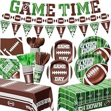 173PCS Football Party Decoration Kit(Serve 24), Easter Decoration Football Themed Birthday Party Supplies with Disposable Paper Plate Napkin Cup Cutlery Banner Touchdown Tablecloth Party Decor
