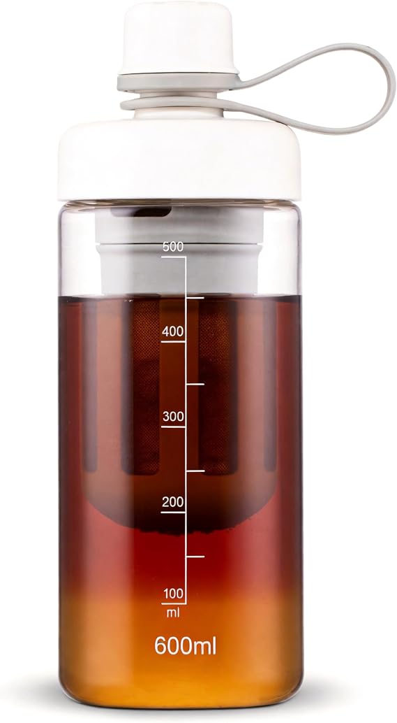 BLUEPOLAR 20oz/600ml Portable Cold Brew Coffee Maker with Filter&Handle, Leak-Proof Iced Coffee Tumbler,Whate Bottle for Iced Tea,Matcha,Fruit Infusion in Travel,Camping, Gym & Office(White)