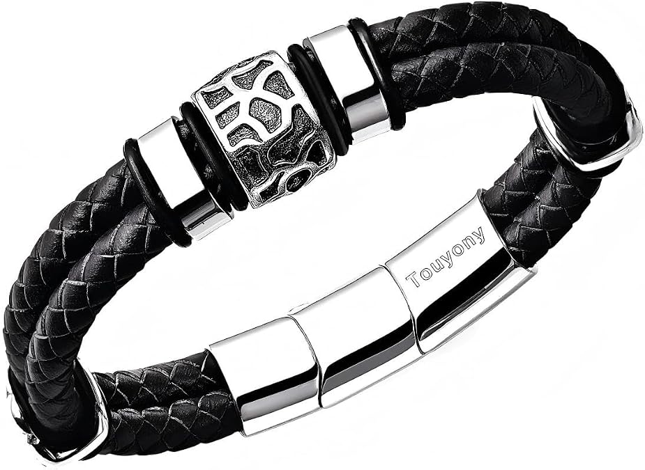 Braided Leather Bracelet for Men, Genuine Leather Wristband with Stainless Steel Clasp, Mens Fashion Jewelry Gift for Husband Boyfriend Dad
