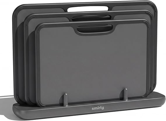 SMIRLY Plastic Cutting Board Set with Holder, 3 Pack, Dark Gray