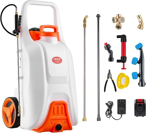 VEVOR 13.1 Gallon Battery Powered Sprayer with Wheels, Adjustable 0-80 PSI, 5 Nozzles and 98ft Hose Included, Orange