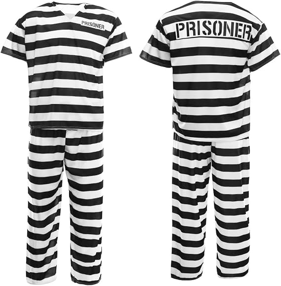 Adults Prisoner Costume - Mens Womens Convict Fancy Dress - Black & White Striped Top, Matching Trousers & Hat - Unisex TV & Film/Halloween Dress Up
