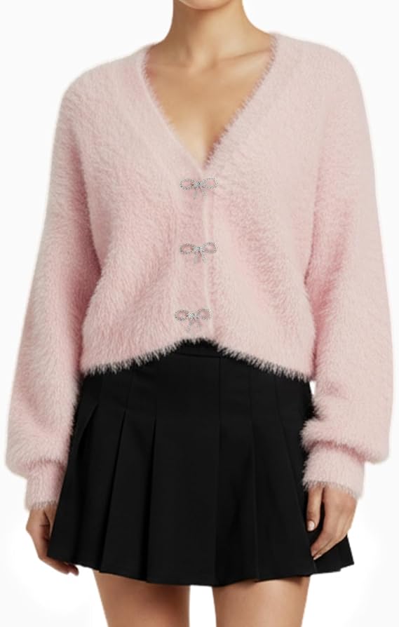 Yimoon Cropped Fuzzy Cardigan Sweaters for Women Bow Sweater
