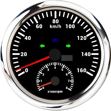 ELING 110mm 160km/h GPS Speedometer Odometer with Tachometer 0-8000RPM Red Backlight 12V 24V for Car Truck (Black+Stainless Steel, 0-160KM/H)