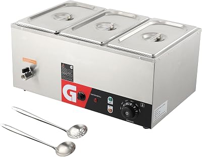 3-Pan Commercial Food Warmer, 3 x 6.3QT Electric Steam Table, 1200W Professional Countertop Stainless Steel Buffet Bain Marie with 86-185°F Temp Control for Catering and Restaurants, Silver