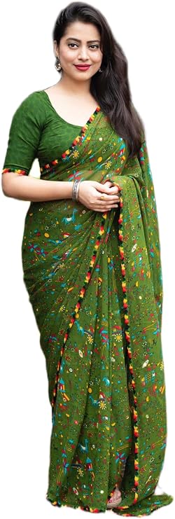 Women's Soft Georgette Warli Print Saree with Elegant Lace Border & Pallu |  with Matching Printed Blouse Piece | Lightweight & Stylish Saree