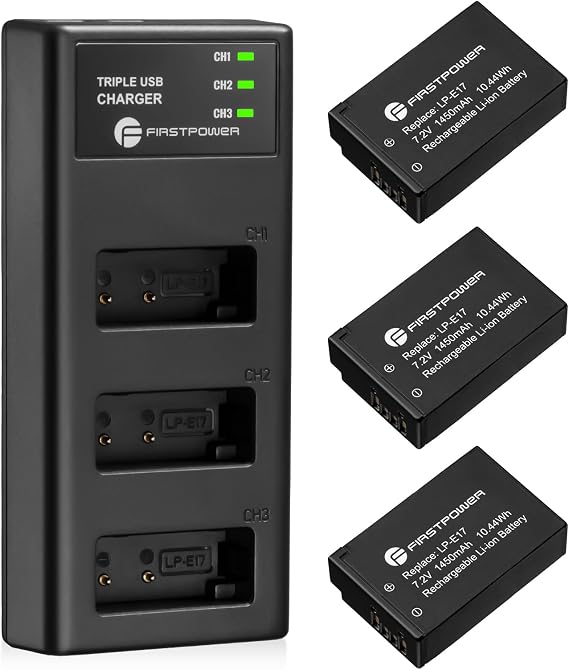 FirstPower LP-E17 Battery 3-Pack and Triple Slot Charger for Canon Camera