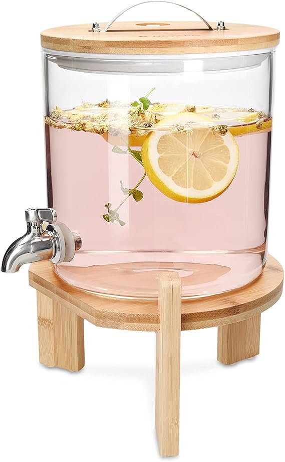 Navaris Glass Drinks Dispenser with Tap - 5 Litre Drink Jar with Spigot, Lid and Wooden Stand for Hot or Cold Beverages, Punch, Ice Water for Parties