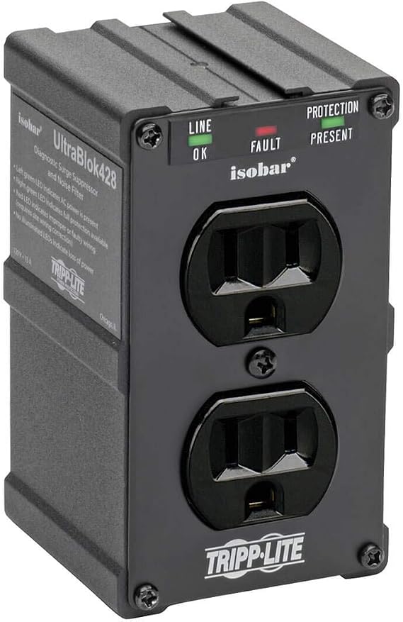 Tripp Lite Isobar ULTRABLOK Heavy Duty Outlet Extender, Wall Power Strip Surge Protector, 2 Outlets, Direct Plug-in, Black, Metal Power Strip, Industrial Garage Work Shop Bench