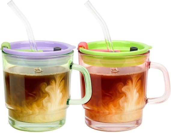 Luxfuel 13oz Tumbler Water Glass Cups with Lid and Straw, 2 Pack Reusable Iced Coffee Cups with Handle, Sealed Carry on for Iced Tea, Coffee, BPA-Free Glass Tumblers for Home, Office, Party, Outdoor