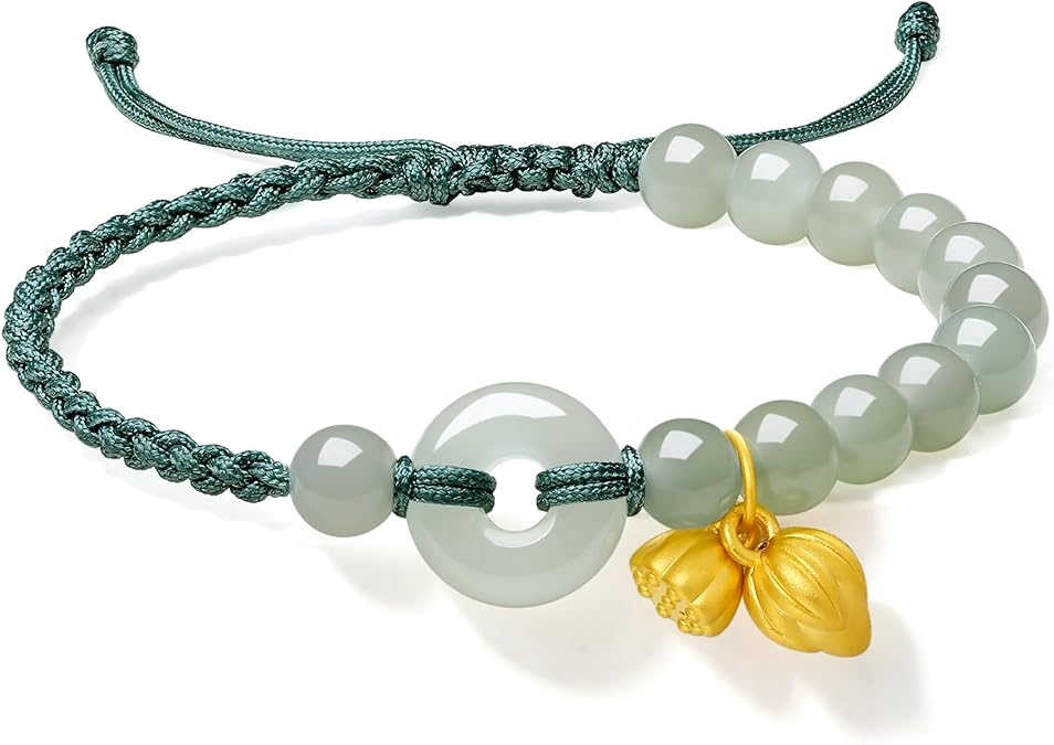 ZHOU LIU FU 24K Solid Gold Bracelet for Women, Real Pure Gold Jewelry Fortune Lotus Charm Gold Green Jade Round Bead Braided Bracelet for Men Mom Y1711831