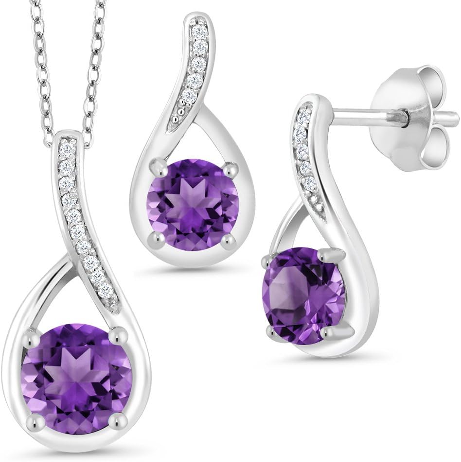 Gem Stone King 925 Sterling Silver Round Gemstone Birthstone and White Diamond Pendant and Earrings Jewelry Set For Women With 18 Inch Chain
