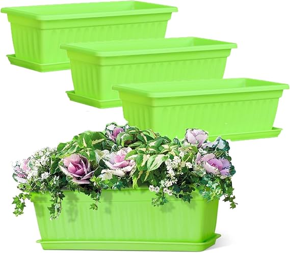 4 Pack Rectangular Window Planter Box Plastic Vegetable Planters, Flower Planter Garden Pots with Tray for Windowsill Patio Garden Home Décor Porch Balcony (Green)