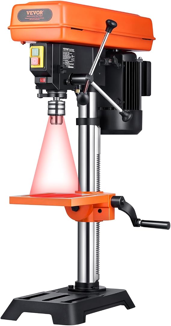 VEVOR 10 in Benchtop Drill Press, 6.2A Induction Motor, Tabletop Drilling Machine with 610/940 / 1500/2150 / 2800 RPM Adjustable Speed, 0-45 Tilting Worktable, LED Work Light, for Wood Metal