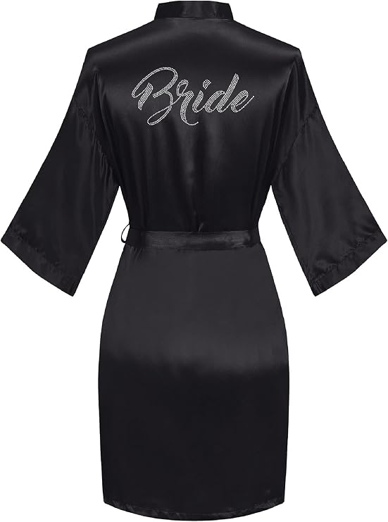 sunshinemall Women's Satin Kimono Robes with Rhinestones Bride Bridesmaid Short Getting Ready Wedding Dressing Gown