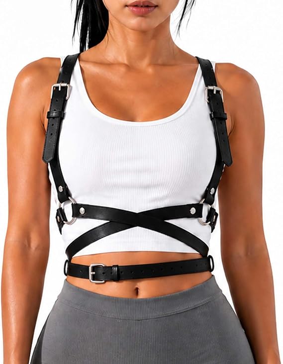 Gothic Leather Waist Harness Belt for Women - Adjustable Chest Vest Body Harness Chains Top for Party, Nightclub, Dating
