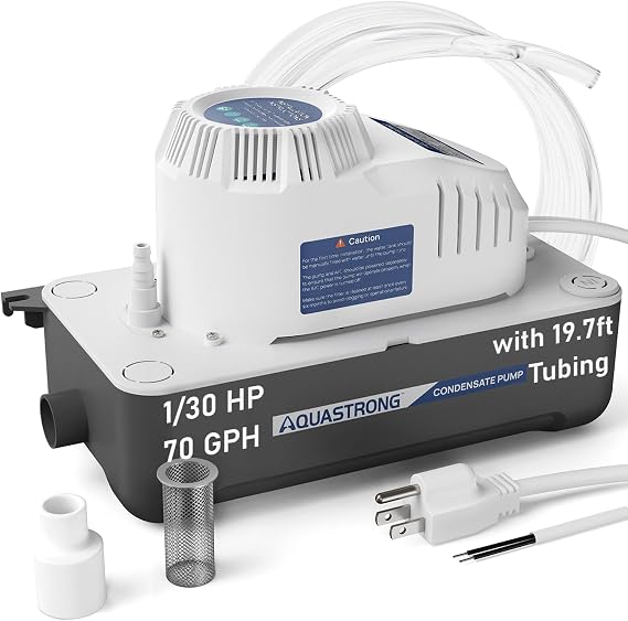 Aquastrong 115V 70GPH HVAC Condensate Pump, AC Condensate Remove Pump with Automatic Safety Switch & & 19.7ft Tubing for Air Conditioner, Furnace, Dehumidifier,Ice Maker,3.3' Power Cord, Gray