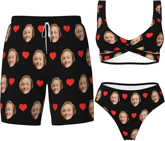 Custom Matching Swimsuits for Couples Personalized Swim Trunks Men Customized Face Swimwear Bathing Suits for Women Gifts
