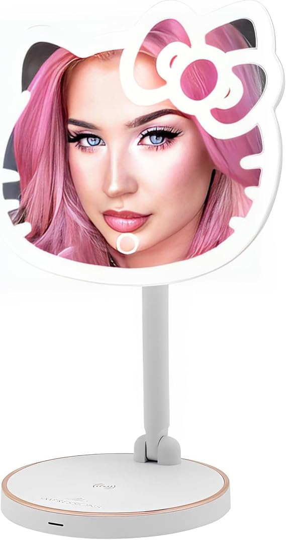 Impressions Vanity Hello Kitty Tabletop Mount LED Cordless Makeup Mirror with 360 Degree Rotation, Touch Sensor Desk Mirror with Light Strip and Adjustable Brightness