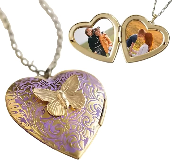 NICEDREAM Custom Photo Butterfly Purple Heart Locket Necklace for Women Personalized 1 or 2 Pictures Heart Shaped Locket Necklace Photo Lockets Pendant Gifts for Her Wife Customize Picture Necklaces