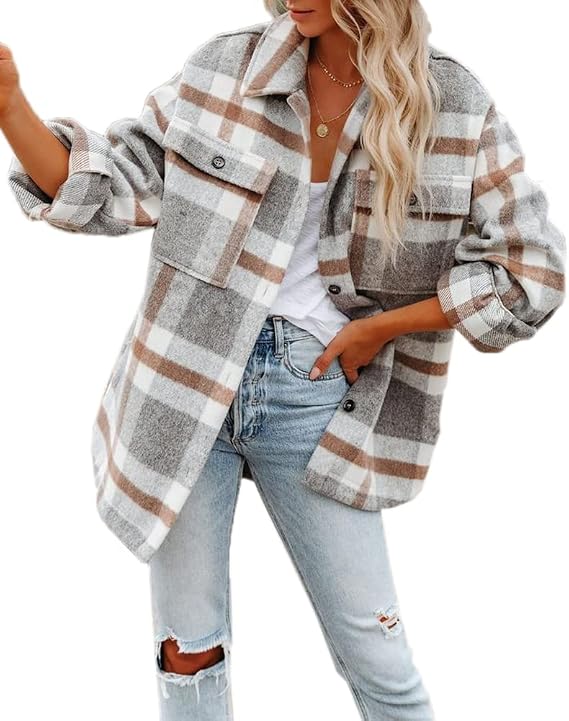 Women's Plaid Shacket Long Sleeve Button Down Flannel Shirts Fashion Casual Oversized Blouse Jacket Shackets
