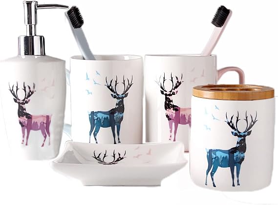 White Bathroom Accessories Set 5 Pieces Soap Dish Toothbrush Holder Rinse Cup Lotion Bottle, Deer Decor,White