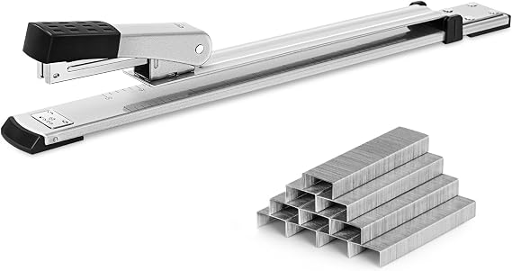 Deli Long Reach Stapler with 1000 Staples, 20 Sheet Capacity, Silver | Long Arm Standard Staplers for Booklet or Book Binding