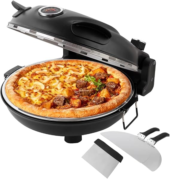 Electric Pizza Oven, 1200W Pizza Oven with Stone Base 31CM Non Stick Pan,Max 420°C Heat,Cutter & Pizza Paddles Portable Table Top Pizza Maker (Black)