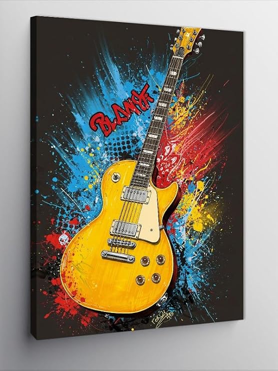 Kanvas Tablo Renk Patlamasıyla Sarı Elektro Gitar, 70 x 100