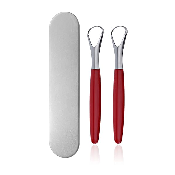 Red Handle Tongue Scraper, 2-Pack,Stainless Steel