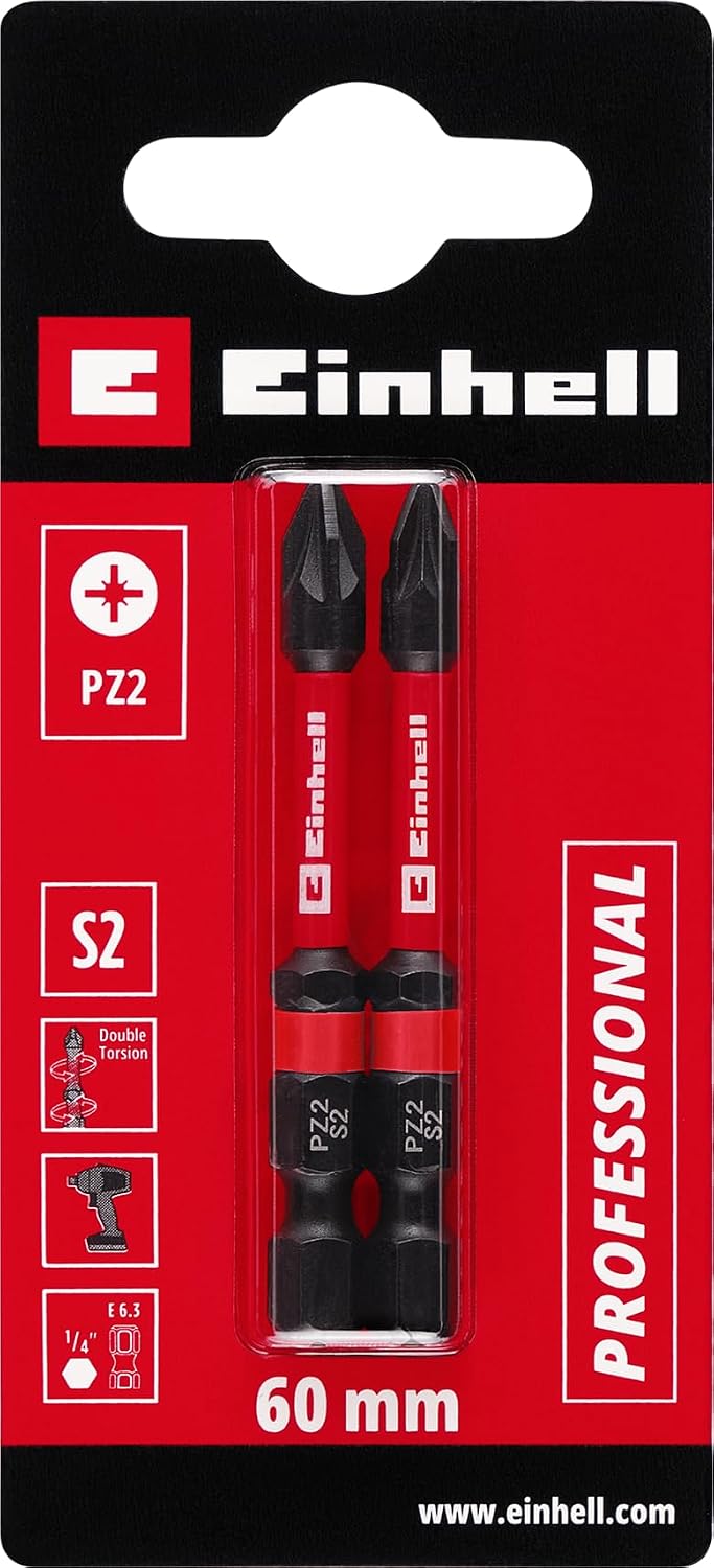 Orijinal Einhell Çift Torsiyonlu Darbeli Bit Seti, 2 Parça, 60 mm, PZ2 S2 Çelik, Yüksek Dayanıklılık, Çift Torsiyon Etkisi, Kırmızı Renk Halkası, E 6.3 Sap - 49132140