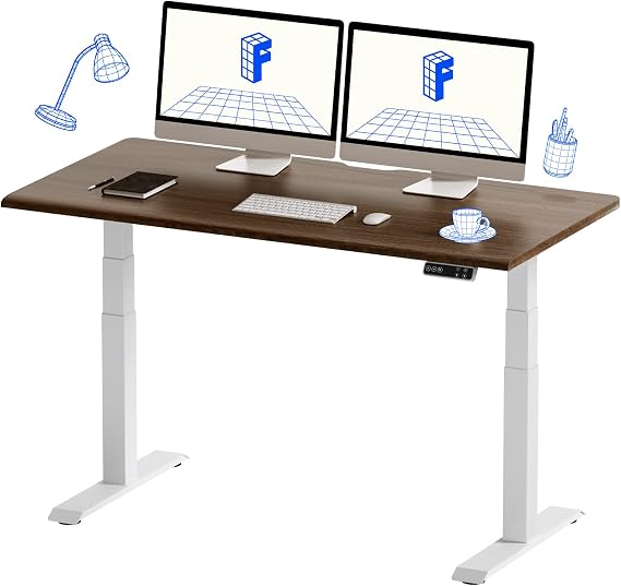 FLEXISPOT Standing Desk, Electric Elevation Desk, Height Adjustable, Computer Desk, E7 Set Frame White + Top Board Walnut, 55.1 x 27.6 inches 140 x 70 cm