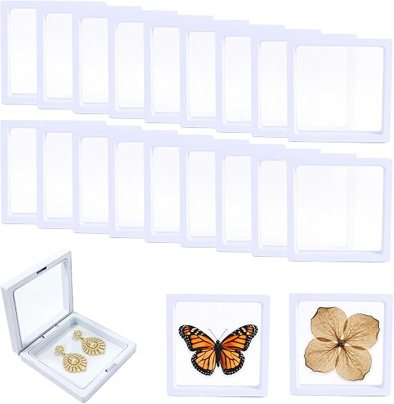 20 Pack White Floating Display Cases, 3.5 x 3.5 x 0.8 Inch