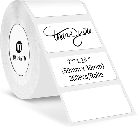 Rongta Label Tape for R22, Standard Laminated Thermal Label Tape Replacement, Waterproof, Oil-Proof Sticker for Home Office Small Business Labeling (White, 2''1.18'' (260 Labels/Roll))
