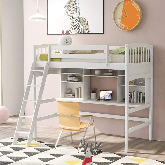 Twin Loft Bed with Desk -Solid Wood Kids Loft Bed with Storage Shelves & Ladder (White)