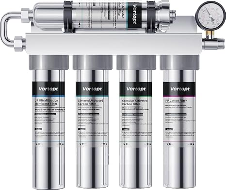 Vortopt Stainless Steel Under Sink Water Filter, Retain Beneficial Minerals | NSF&CEC Certified, Real-time Pressure Gauge, 0.01m Under-Sink & Countertop Filtration, U1(5 Filters)