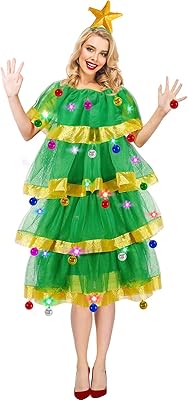 Yi-gog Christmas Tree Costume for Women Adult 47Pcs Festive Party Dress Outfit Funny Green Dresses Xmas Party Accessories Set