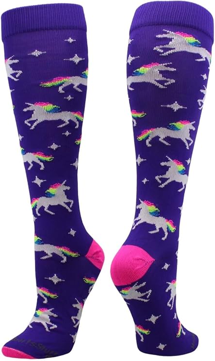 MadSportsStuff Rainbow Unicorn Knee-High Performance Sports Socks for Girls & Women: Softball, Soccer, Volleyball, Lacrosse