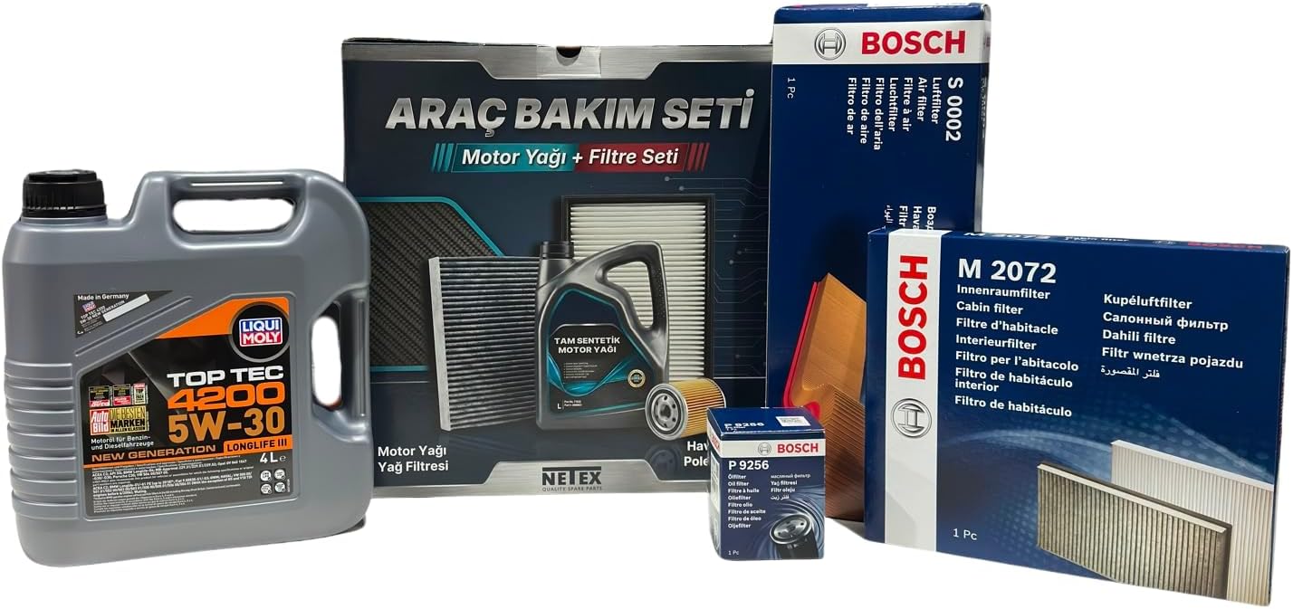 Premium Bakım Seti Fiat Doblo 1248CC Dizel M.JET 90PS Model Yılı (2010-2015) (Liqui Moly Top Tec 4200 5w30 Motor Yağı, Bosch S0002 Hava Filtresi, M2072 Kabin Filtresi, P9256 Yağ Filtresi)